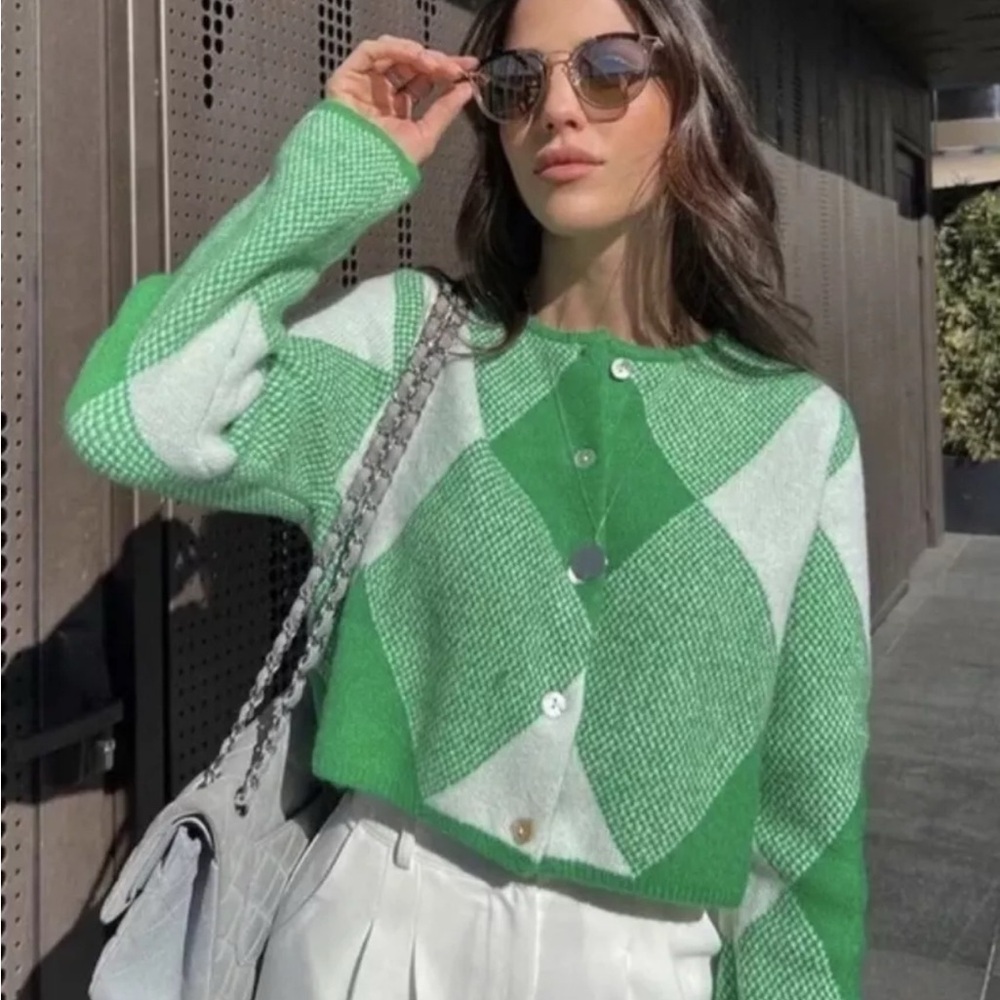 ZARA Argyle Jacquard knit cardigan